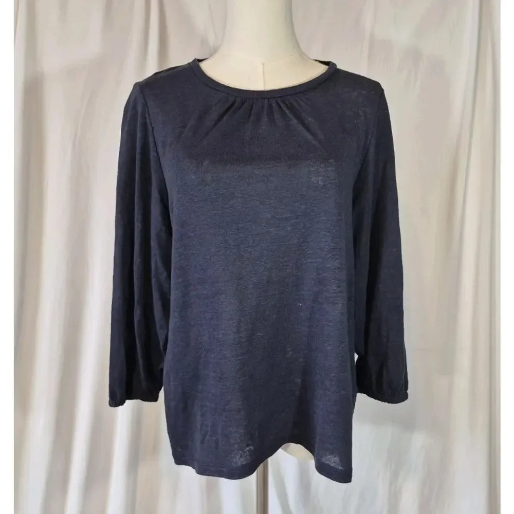 Boden Womens *IN NAVY BLUE* 100% Linen Gathered Neck Jersey Top Small